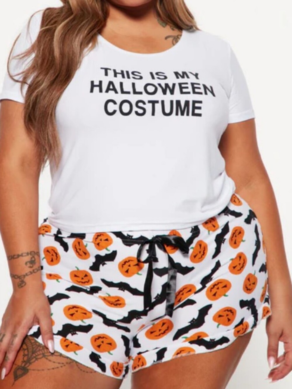 Halloween Costume Set - White Top & Pumpkin Print Shorts